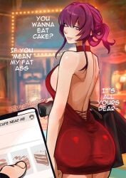 1girls ass backless_dress backless_outfit big_ass big_breasts breasts dat_ass english_text fat_ass female honkai:_star_rail kafka_(honkai:_star_rail) large_breasts looking_at_viewer looking_back male_pov no_bra on_phone pov purple_eyes purple_hair red_dress short_ponytail sideboob solo_focus teasing teasing_viewer tight_clothing variant_set yuushiba