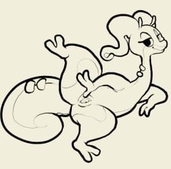 brown_theme claws closed_mouth creature evil_smile fangs full_body holding monochrome no_humans open_mouth outline pokemon_(creature) signature simple_background smile solo standing standing_on_one_leg striped striped_background tail teeth tongue tongue_out vertical_stripes