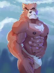 abs anthro barazoku bear body_hair bulge chest_hair claws clothing eyebrows finger_claws fur genitals hairy hi_res kumatetsu male male_only mammal mature_anthro mature_male muscular muscular_anthro muscular_male nipples pinumontbalou red_body red_eyes red_fur solo solo_male the_boy_and_the_beast topwear underwear vein veiny_muscles