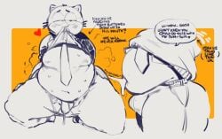 anthro ass bedroom_eyes belly_fucking big_butt blush bodily_fluids bottomwear bulge clothed clothing clothing_lift cum cum_in_navel dialogue domestic_cat felid feline felis genital_fluids heart_symbol hi_res kneeling lucas_(elchilenito) male mammal narrowed_eyes neato5 necktie overweight overweight_male pants precum precum_through_clothing precum_through_underwear seductive shirt shirt_lift solo steam tenting topwear underwear wet wet_clothing