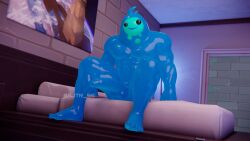 1boy blue_skin completely_nude fortnite full_body indoors looking_at_viewer muscular muscular_male nude rippley_(fortnite) sitting smile solo uncensored
