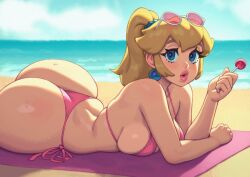 ass ass_focus beach beach_towel bikini bikini_bottom_only bikini_top blonde_hair blue_eyes blush breasts candy curvy day earrings eyewear_on_head female food holding holding_candy holding_food holding_lollipop huge_ass jewelry large_breasts lips lollipop long_hair looking_at_viewer lying mario_(series) medium_breasts nintendo nipples ocean official_alternate_hairstyle on_stomach outdoors parted_lips pink-framed_eyewear pink-tinted_eyewear pink_bikini pink_lips ponytail princess_peach riz rizdraws side-tie_bikini_bottom sidelocks sky solo sphere_earrings sunglasses super_mario_bros. sweat swimsuit thick_lips thick_thighs thighs thong thong_bikini tinted_eyewear towel voluptuous water white-framed_eyewear wide_hips