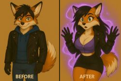 1boy 1girls ai_generated anthro before_and_after big_breasts black_hair black_nose black_tipped_ears blouse breast_expansion breasts chatgpt curvy curvy_body curvy_female curvy_figure deviantart different_clothes dipstick_tail eyelashes female fox fox_girl furry gender_transformation genderswap_(mtf) gloves green_eyes hair_growth hands_up hoodie leather_jacket long_hair looking_at_viewer magic male male_to_female mtf_transformation open_mouth orange_body orange_fur outfit_change pants purple_topwear rule_63 sekaithefox short_hair skirt smile smiling_at_viewer surprised_expression tail_down tail_up tan_fur thick_thighs transformation two_tone_body two_tone_fur wide_hips worldfan2020 yellow_background zipper