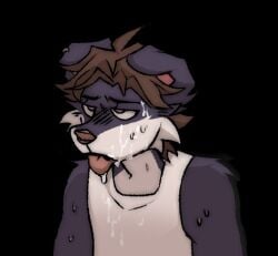 anthro bodily_fluids canid canine canis clothed clothing cum cum_on_face domestic_dog genital_fluids lustful_gaze maggotnizer male male/male mammal shirt solo sweat tank_top tongue tongue_out topwear