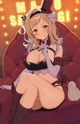 bare_shoulders big_breasts blush breasts brown_eyes brown_hair cleavage crossed_legs elbow_gloves gloves hairband idolmaster idolmaster_shiny_colors kneehighs licking_own_lips medium_hair mini_hat miniskirt on_chair purple_gloves sakuragi_mano sitting thighs tongue tongue_out wanimaru