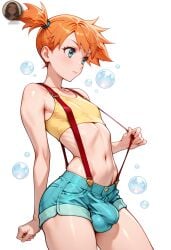 1futa ai_generated bare_stomach bulge bulge_through_clothing dickgirl futanari intersex kasumi_(pokemon) navel pokemon shorts simple_background small_breasts solo yo0001