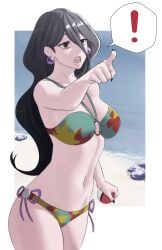 ! 1girls absurdres armpits bags_under_eyes bare_arms bare_shoulders bare_thighs beach bikini black_eyes black_hair black_nails breasts collarbone cosplay earrings female female_only green_bikini green_swimsuit hair_between_eyes hex_maniac hex_maniac_(pokemon) hex_maniac_(pokemon_legends:_z-a) hex_maniac_(z-a) highres holding holding_poke_ball jewelry long_hair medium_breasts multicolored_bikini nail_polish navel o-ring o-ring_bikini ocean outdoors pointing poke_ball pokemon pokemon_legends:_z-a pokemon_swsh pomelomelon rock sand solo spoken_exclamation_mark standing stomach swimmer_(pokemon) swimmer_(pokemon)_(cosplay) swimsuit thighs very_long_hair