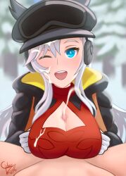 1boy black_jacket blue_eyes breasts ciderwrath cleavage_cutout clothing_cutout cum cum_on_body dragalia_lost ear_covers earmuffs ejaculation facial female forest gloves goggles goggles_on_head highres ilia_(dragalia_lost) jacket large_breasts looking_at_viewer male nature one_eye_closed open_clothes open_jacket open_mouth paizuri red_shirt shirt signature snow white_gloves white_hair