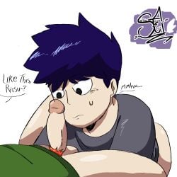 balls before_oral blue_hair blush clothed clothing cute_male english_text erect_penis erection femboy gay gay_male hairy_penis light_skin looking_at_penis male male/male male_focus male_on_femboy male_pov mob_psycho_100 multiple_boys orange_hair pants_down penis pov ritsu_kageyama shou_suzuki sophya_thecat1 suprised suprised_expression suprised_look yaoi
