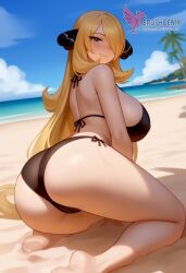 1girls 2d ai_generated ass barefeet beach big_ass big_breasts bikini blonde_hair breasts cynthia_(pokemon) erophoenix feet female female_focus full_body long_hair looking_at_viewer looking_back milf nintendo nude older_woman pale_skinned_female patreon_username pokemon pokemon_dppt smile soles solo solo_female sweat swimsuit thick thick_thighs toes uncensored voluptuous