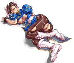 ass beaten breasts breasts_out censored china_dress chinadress chinese_clothes chun-li cum defeated female female_only human pantyhose pussy solo straight_hair street_fighter tears torn_clothes torn_pantyhose