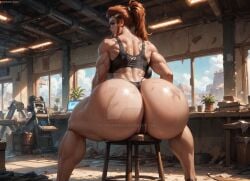 1girls ai_generated ass_focus athletic_female back_muscles big_ass blizzard_entertainment breasts brigitte brigitte_lindholm brown_hair bubble_ass bubble_butt chair curvy_female dat_ass dumptruck_ass female female_only filthy_fantasies gym_clothes huge_ass indoors large_ass light-skinned_female light_skin looking_back overwatch pawg ponytail sitting_down thick thick_ass thick_thighs thong thunder_thighs voluptuous voluptuous_female wide_hips