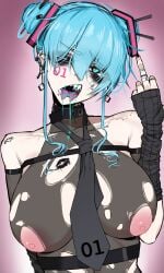 1girls alt_girl alternate_costume blue_eyes blue_hair drooling edgy exposed_nipples fangs female female_only forked_tongue fuck_you glitchace hatsune_miku large_breasts lipstick_mark looking_at_viewer middle_finger open_mouth piercing ripped_clothing sharp_teeth simple_background tagme tattoo tie tongue_piercing upper_body vocaloid