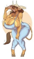 1girls absurd_res anthro big_breasts biped bovid bovine breasts brown_body brown_hair cattle cleavage clothed clothing cloven_hooves female female_only hair hat headgear headwear hooves huge_breasts looking_at_viewer mammal molly_(slightlysimian) one_eye_closed overalls pupils simple_background slightlysimian smile smiling smiling_at_viewer solo straw_hat tail_tuft thick_thighs three-quarter_view white_background wink winking_at_viewer