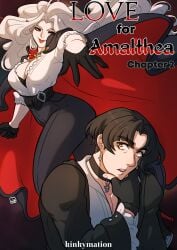 1boy 1girls amalthea_(kinkymation) amber_eyes black_hair choker comic_cover english_text female hi_res human kinkymation light-skinned_male light_skin long_hair male mature_female milf narrowed_eyes original pale-skinned_female pale_skin pointy_ears red_eyes red_lipstick smiling text vampire vampire_girl white_hair