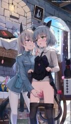 2girls animal_ears ball_gag black_necktie black_pantyhose blazer blue_hair blush breasts censored clothes_lift cloud collared_shirt dildo egg_vibrator eila_ilmatar_juutilainen epaulettes female gag green_eyes grey_hair grin highres indoors jacket liclac lifting_own_clothes long_hair looking_at_another looking_to_the_side mosaic_censoring multiple_girls necktie object_insertion open_mouth pantyhose pleated_skirt pouch purple_eyes sanya_v._litvyak sex_toy shirt skirt skirt_lift sky small_breasts smile standing strike_witches strike_witches:_aurora_no_majo strike_witches:_suomus_misfits_squadron tail teeth vaginal_object_insertion vaginal_penetration very_long_hair vibrator white_pantyhose white_shirt world_witches_series yuri