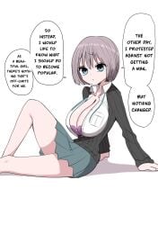 black_cardigan blue_eyes bob_cut botsuko-chan_(zurikishi) bra breast_pocket breasts cardigan cleavage female grey_hair hair_between_eyes hands_on_floor highres huge_breasts lace lace-trimmed_bra lace_trim leaning_back looking_at_viewer original pink_bra pocket shirt short_hair simple_background sitting solo speech_bubble translation unbuttoned unbuttoned_shirt underwear white_background zurikishi