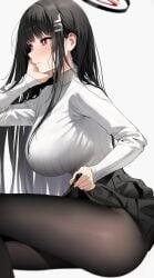 1girls absurdres ayoni_623 black_hair black_skirt blue_archive breasts clothes_lift female from_side hair_ornament hairclip halo head_on_hand highres large_breasts long_hair pantyhose pleated_skirt red_eyes ribbed_shirt rio_(blue_archive) shirt sitting skirt skirt_lift solo turtleneck turtleneck_shirt very_long_hair