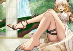 1boy :d absurdres aglaea_(honkai:_star_rail) armpit_crease bare_shoulders blonde_hair blurry blurry_background breasts brown_sandals clothed_sex cowgirl_position crossed_legs denokoto dress feet female flower foreshortening green_eyes hair_between_eyes hair_flower hair_ornament high_heels highres honkai:_star_rail honkai_(series) large_breasts legs medium_hair nail_polish open_mouth sandals sex single_sandal sitting smile solo_focus stiletto_heels straight strappy_heels thigh_strap toenail_polish toenails toes vaginal_penetration white_dress white_flower yellow_nails