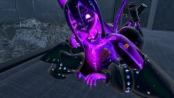 1girls ass black_boots black_skin boots breasts female galaxy_skin glowing_eyes heart jacket large_breasts laying_on_bed laying_on_stomach looking_at_viewer nails one_eye_closed purple_areola purple_nails purple_skin resting_on_arm see-through skeleton slime slime_girl tail tongue_out transparent_body visible_skeleton vr vrchat vrchat_avatar vrchat_model white_eyes