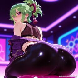 ai_generated ass_focus balecxi bare_shoulders black_pants blurry blurry_background blush exercise_ball female fishnet_top fishnets from_behind genshin_impact green_hair hair_between_eyes huge_ass indoors kuki_shinobu looking_at_viewer looking_back ponytail purple_eyes purple_jacket shimenawa solo