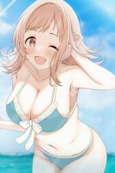 armpits bare_arms bare_belly bare_legs bare_shoulders bare_thighs belly_button big_breasts bikini blue_bikini blush breasts brown_eyes brown_hair cleavage collarbone idolmaster idolmaster_shiny_colors medium_hair musha_no_kozi one_eye_closed open_mouth outdoors sakuragi_mano smile thighs wink