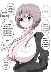 black_cardigan blue_eyes bob_cut botsuko-chan_(zurikishi) bra breasts cardigan cleavage female from_side grey_hair hand_in_pocket highres huge_breasts lace lace-trimmed_bra lace_trim looking_at_viewer original pink_bra shirt short_hair simple_background solo speech_bubble translated underwear upper_body white_background white_shirt zurikishi
