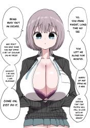 black_cardigan blue_eyes bob_cut botsuko-chan_(zurikishi) bra breast_pocket breasts cardigan cleavage commentary female grey_hair hair_between_eyes highres huge_breasts lace lace-trimmed_bra lace_trim looking_at_viewer original pink_bra pocket shirt short_hair simple_background solo speech_bubble translationunbuttoned unbuttoned_shirt underwear white_background zurikishi