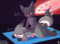 absurd_res anal anal_sex animal_genitalia animal_penis anthro blush bodily_fluids canine_genitalia canine_penis claws closed_eyes cum cum_inside cumshot dragon duo ejaculation entwined_tails fangs fur fur_markings furred_dragon furred_scalie genital_fluids genitals heart_symbol hi_res iradeon lying male male/male markings mythological_creature mythological_scalie mythology nuclear54_(character) penetration penis scalie sean_(senz) senz shaking tail tail_coil teeth text thrusting tongue tongue_out trembling x-ray_view yoga_mat