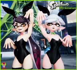 2girls 3d bunnysuit c.q._cumber callie_(splatoon) marie_(splatoon) slymyguy splatoon tagme