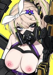 1girls boobs boobs_out bow eye_shadow female gas_mask girls'_frontline glitchace gun sharkry sharkry_(girls'_frontline_2) tagme