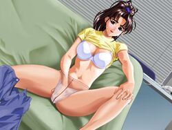 1girls 90s bra breasts brown_hair escalation_~aoi_houyou~ fairy_dust_(company) female fingering game_cg hand_in_panties inoue_takuya legwear lingerie masturbation melody_(company) panties pantyhose ponytail shimamura_hiromi solo sweat tied_hair underwear white_panties