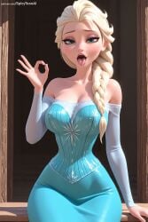 ai_generated artist_name bare_shoulders blonde_hair blue_dress blue_eyes braid breasts cleavage detached_sleeves dress elsa_(frozen) eyeshadow fellatio_gesture female female_only hair_over_shoulder hi_res high_quality high_resolution large_breasts long_hair looking_at_viewer medium_breasts patreon patreon_username seductive sexy single_braid solo spicytoonai tongue tongue_out uncensored watermark web_address