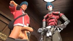 1human 1robot_boy 2boys 3d big_balls horny_face huge_cock male male_only red_clothing robot_boy roomfour004 scout scout_(team_fortress_2) staring_down team_fortress_2