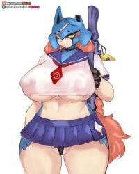 1girls beige_fur big_breasts blue_fur breasts countershade_torso countershading cut_ear ear female girlsay huge_breasts looking_at_viewer nintendo panties pokemon pussy school_uniform shirt skirt sword tail thick_thighs weapon wide_hips yellow_eyes zacian