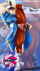 bracelet breasts brown_eyes brown_hair capcom censored china_dress chinese_clothes chun-li double_bun earrings female female_only highres huge_breasts human jewelry oreteki pantyhose pussy solo spiked_bracelet spikes straight_hair street_fighter