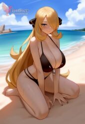 1girls 2d ai_generated ass barefeet beach big_ass big_breasts bikini blonde_hair breasts cynthia_(pokemon) erophoenix feet female female_focus full_body long_hair looking_at_viewer looking_back milf nintendo nude older_woman pale_skinned_female patreon_username pokemon pokemon_dppt smile soles solo solo_female sweat swimsuit thick thick_thighs toes uncensored voluptuous