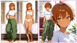 2girls ai_generated athletic baised bare_feet cargo_pants green_eyes looking_at_viewer mareenah_(oc) perky_nipples posing red_hair sareenah_(oc) shy skinny small_breasts smirk smirking tan_skin tanline tanlines tight_shirt tomboy twins white_shirt