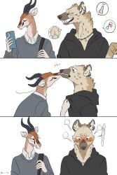 2:3 antelope anthro blush blush_lines bodily_fluids bovid cellphone chain_collar clothing collar collared_shirt comic duo ear_piercing electronics embarrassed eyelashes fangs gauged_ear gazelle hi_res hoodie hyena kemono kiss_on_lips kissing looking_at_object looking_at_phone male male/male mammal phone pictogram pictographics piercing riseidokokana shirt spotted_hyena surprise_kiss surprised_expression sweat sweatdrop sweater teeth topwear torn_ear