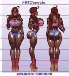 1girls artist_name auburn_hair brown_hair bubble_butt character_sheet cleavage cleavage_overflow confederate_flag dark-skinned_female dark_skin dirty female hand_print hand_print_on_ass high_heels huge_breasts short_shorts theofficialpit third-party_edit