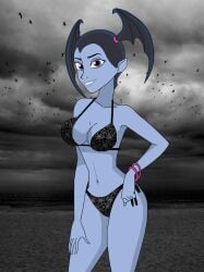 2025 belly black_bikini black_eyebrows black_hair_female blue_body blue_lipstick blue_skin carlshocker clouds clouds_background darker_clouds desert_background deviantart disney_junior hand_on_leg looking_back_at_viewer meta not_ai_generated not_porn pink_bracelet pink_hair_bow purple_eyes_female smile_at_viewer smiling_at_viewer tummy vampirina vampirina_hauntley walt_disney_animation_studios walt_disney_television wings_on_head