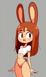 1girls brown_hair buckteeth bunny bunny_ears bunny_girl bunny_tail female freckles la_madriguera mila_(la_madriguera) pink_thong rabbit rabbit_ears rabbit_girl rabbit_tail shirt skinny straight_hair thighs thong topwear white_shirt white_topwear zarelk
