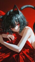 black_hair cat_ears catgirl in_bed messy_hair nail_polish nyx_(discord) red_eyes short_hair topless topless_female