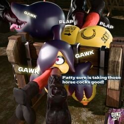 black_hair blender choking cybergunart double_blowjob double_penetration gangbang gangrape hair_over_one_eye horse horsecock horseshoe_tattoo mawee mawile pillory pokemon pokemon_(species) sperm_tattoo tagme tattoo tattoos yellow_body