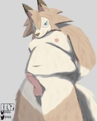 absurd_res anthro balls benzfur blue_eyes bodily_fluids brown_body brown_fur erection fur generation_7_pokemon genital_fluids genitals grey_background hands_behind_back hi_res looking_at_viewer lycanroc male midday_lycanroc navel nintendo nipples nude nude_male penis pokemon pokemon_(species) precum simple_background slightly_chubby slightly_chubby_male solo tail