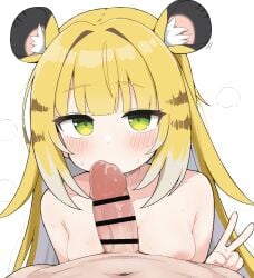 1boy animal_ear_fluff animal_ears bar_censor blonde_hair blush breasts censored fellatio female green_eyes highres ju_fufu long_hair looking_at_viewer male medium_breasts multicolored_hair nipples oral penis pov pov_crotch simple_background straight tagyeokgam tiger_ears tiger_girl v white_background white_hair yunkui_summit zenless_zone_zero