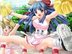 2girls anus ass blonde_hair blue_hair cheerleader female female_only hadaka_apron_gakuen juice long_hair multiple_girls nipples pussy short_hair sweat tree uncensored vagina