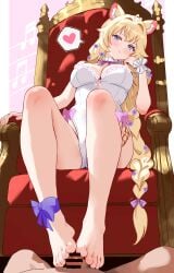 1boy :3 absurdres ahoge animal_ears ankle_bow bar_censor barefoot blonde_hair blue_eyes blush bow braid breasts censored cleavage commission feet female flower footjob guinea_pig_girl hair_flower hair_ornament head_on_hand head_rest heart heart_ahoge highres indie_virtual_youtuber knee_blush kyoichi leotard long_hair looking_at_viewer male medium_breasts musical_note on_throne penis pov sitting skeb_commission sopralto spoken_heart straight throne toes two-footed_footjob very_long_hair virtual_youtuber white_leotard wrist_cuffs