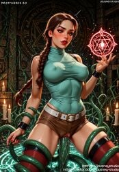 ai_generated bangs bare_shoulders belt blush braid braided_ponytail breasts brown_eyes brown_hair brown_shorts candle clothing consensual_tentacles covered_navel covered_nipples female female female_only fire freckles impossible_clothes indoors jewelry jousneystudio lara_croft lara_croft_(classic) lara_croft_(survivor) large_breasts legwear leotard lips lipstick long_hair magic_circle makeup medium_breasts nail_polish navel nipples nose object_insertion parted_lips pentagram pussy red_lips red_nails red_thighhighs restrained sex shirt short_shorts shorts single_braid skindentation sleeveless solo spread_legs sweat taut_clothes taut_shirt tentacle tentacle_sex thick_thighs thighhighs thighs tomb_raider tomb_raider_(survivor) tomb_raider_remastered torn_clothes twin_braids vagina vaginal_object_insertion vaginal_penetration