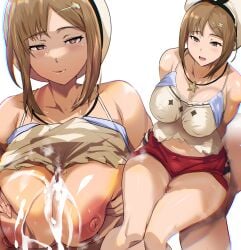 1boy absurdres after_ejaculation atelier_(series) atelier_ryza atelier_ryza_1 bare_arms blush breasts brown_eyes brown_hair cafekun camisole camisole_lift censored cleavage closed_mouth clothes_lift collarbone commission cum cum_on_body cum_on_breasts female hair_ornament hairclip highres jewelry large_breasts large_variant_set looking_at_viewer male mosaic_censoring multiple_views necklace nipples open_mouth paizuri pixiv_commission red_shorts reisalin_stout short_shorts shorts sidelocks sitting star_(symbol) star_necklace thick_thighs thigh_sex thighs variant_set white_camisole